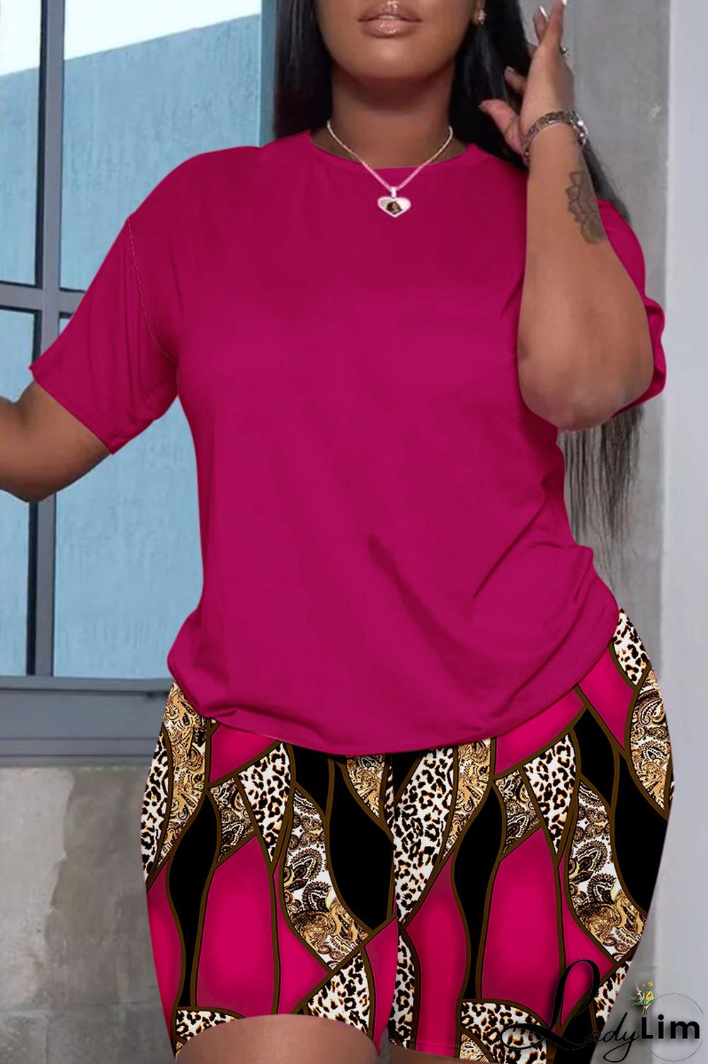 Red Casual Print Basic O Neck Short Sleeve Two Pieces