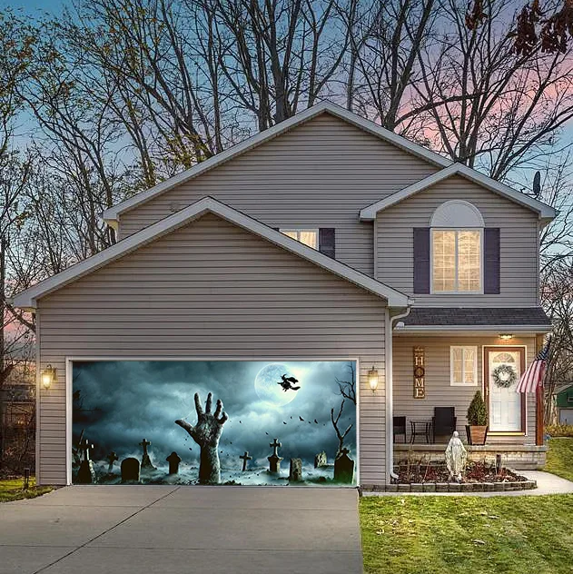 Spooky Graveyard Halloween Garage Door Banner Mural on a Full Moon Night