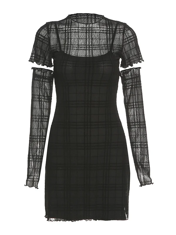 Dark Checkered Ruffled Bodycon Dress