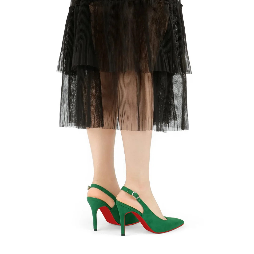 90mm Mid Heels for Women Slingback Pumps Sandals Pointed Toe Pumps Red Bottoms Suede Shoes-MERUMOTE