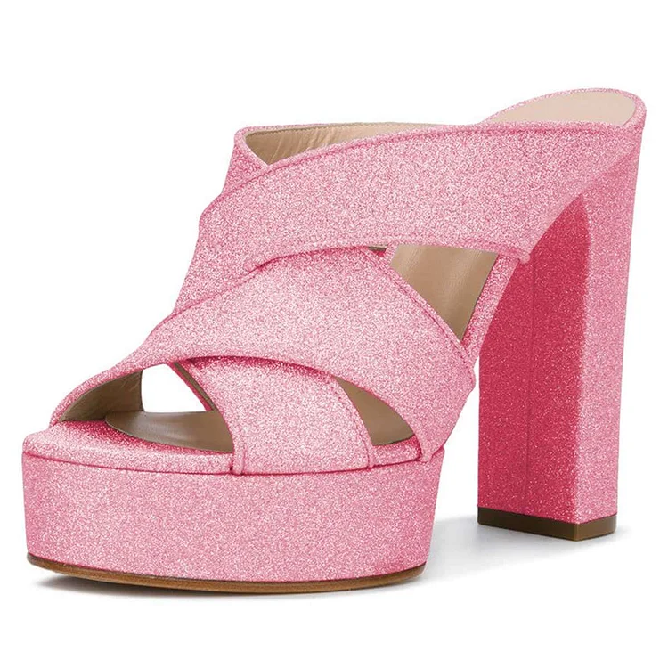 Pink Glitter Platform Chunky Heel Mule Heels |FSJ Shoes