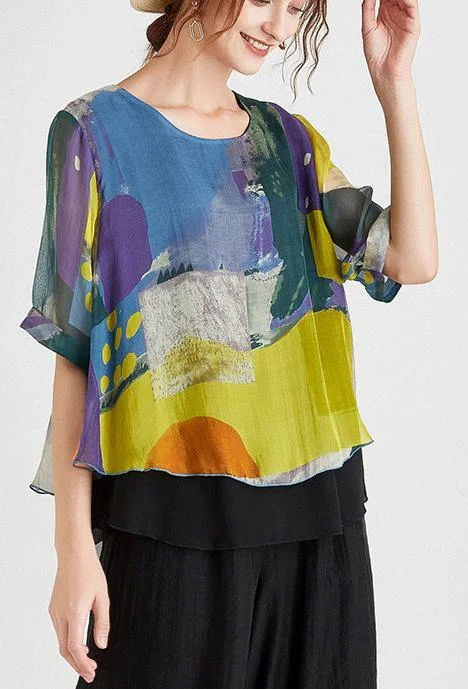 Stylish Yellow Blue Half Sleeve Chiffon Summer Shirt