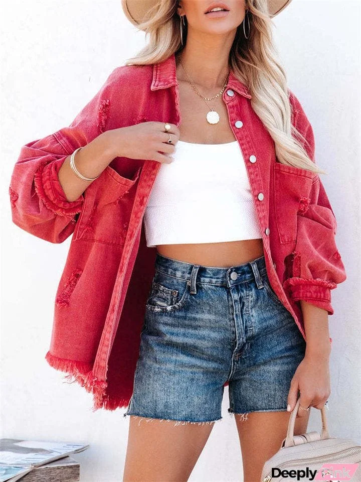 Women's Trendy Lapel Raw Edge Long Sleeve Denim Jacket