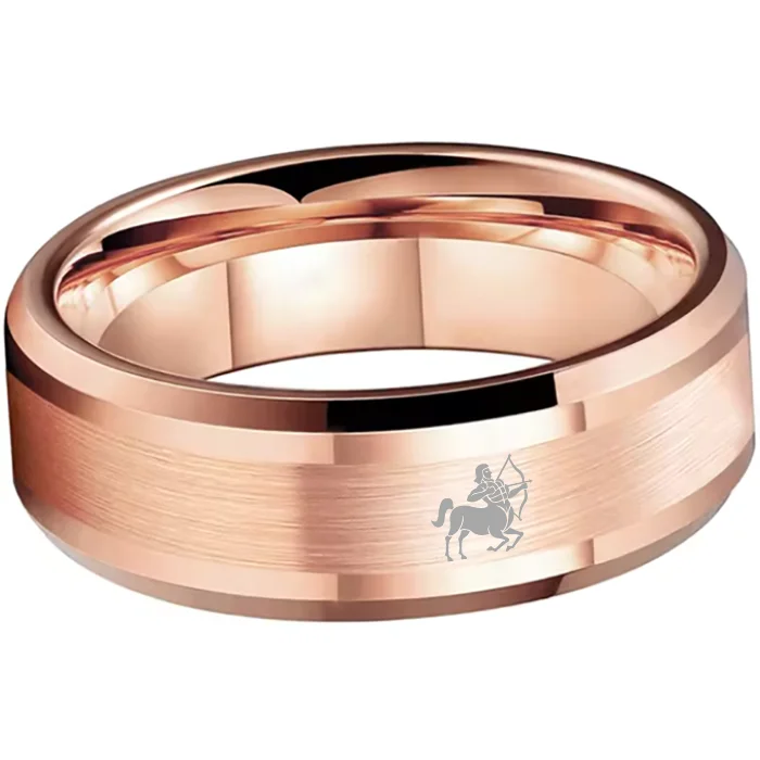 Beveled Edges Rose Gold Laser Etched Tungsten Carbide Band Rose Gold Sagittarius Couple Wedding Rings 4MM 6MM 8MM