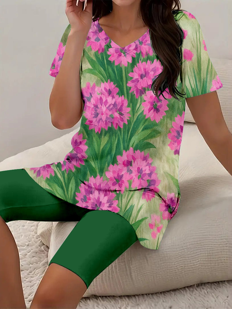Women Long Sleeve V-neck Graphic Floral Printed Top