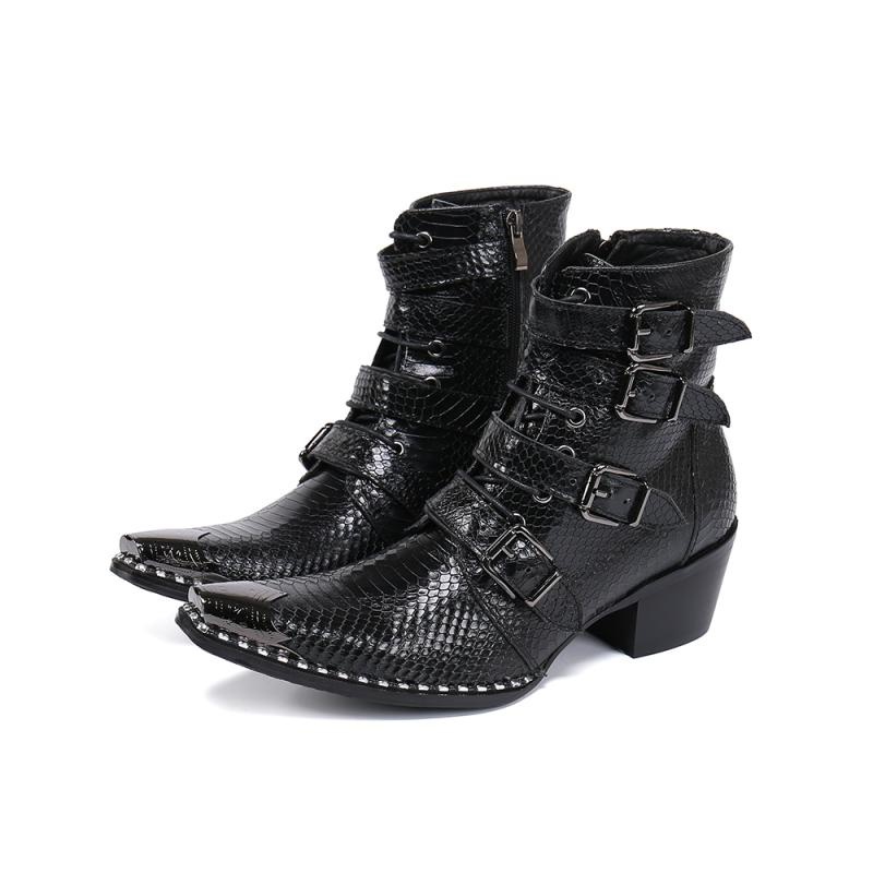 High Heel Leather Western Boots Men Buckle Pointed Toe Ankle Boots Mens Career Work Boots