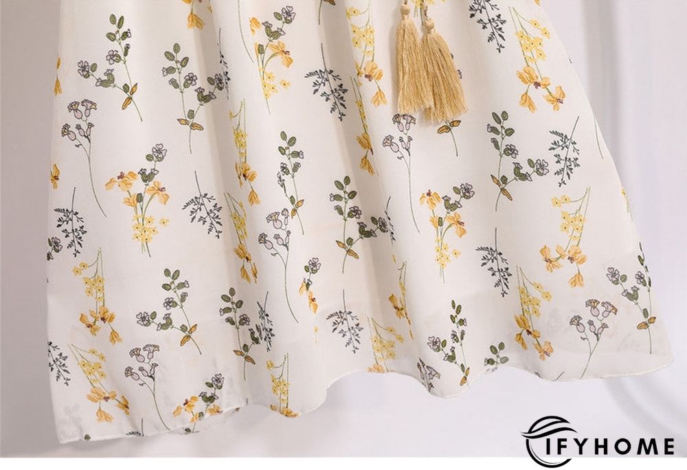 Spring Summer Chiffon Women V-Neck Floral Print Short Dresses Sweet Ruffle Sleeeve Slim Drawstring Ladies Dress | IFYHOME