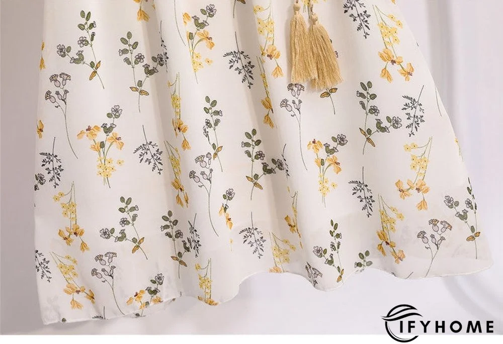 Spring Summer Chiffon Women V-Neck Floral Print Short Dresses Sweet Ruffle Sleeeve Slim Drawstring Ladies Dress | IFYHOME