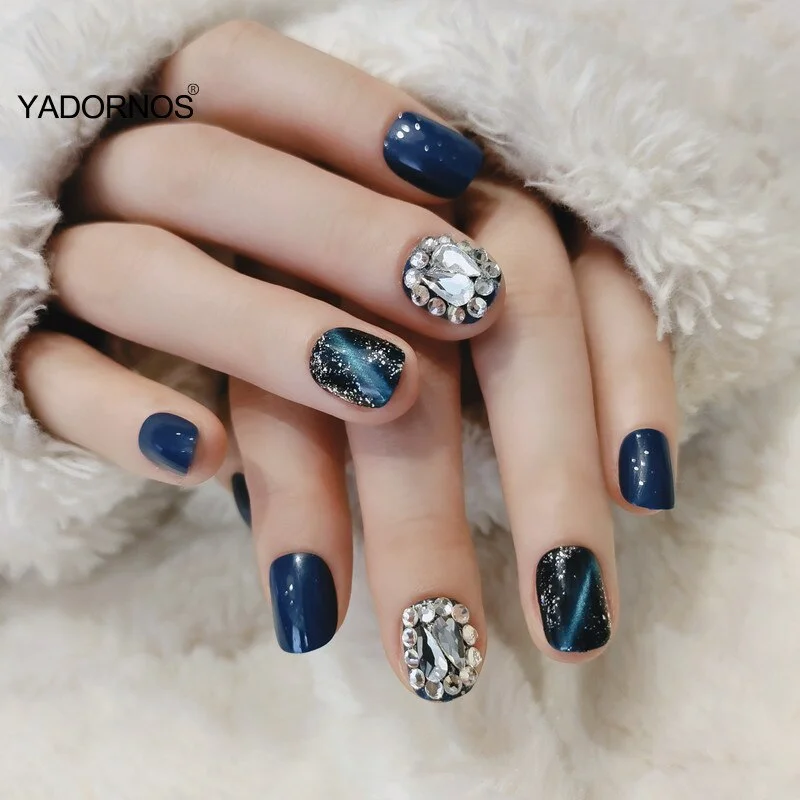 24PCS fake short nails Full Rhinestones Nail Patch Dark Style Glue Type Removable Short Paragraph Manicure  накладные ногти