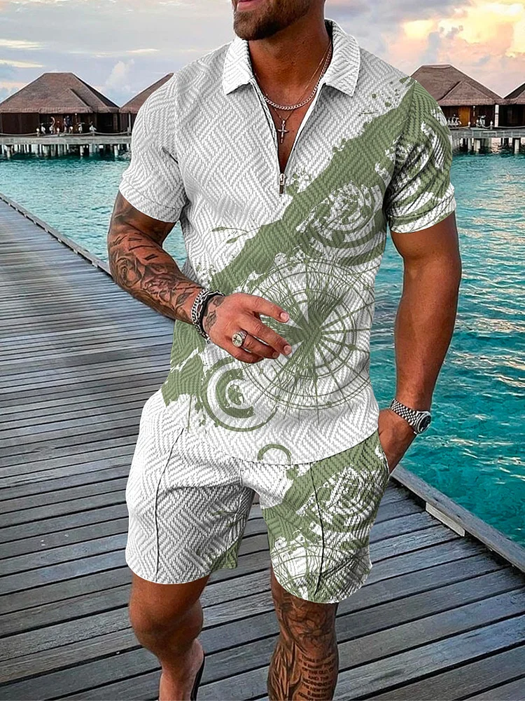 Men's Leisure Vacation Green Printing Fashion Polo Suit