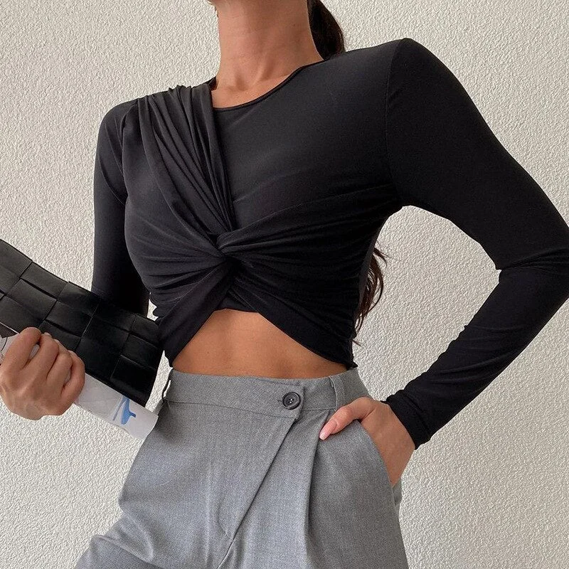 Tawnie 2022 Women V Neck Long Sleeve T Shirt with Shoulder Pads Green Sexy Elegant Autumn Winter Ruched Top Tshirts Casual Brown