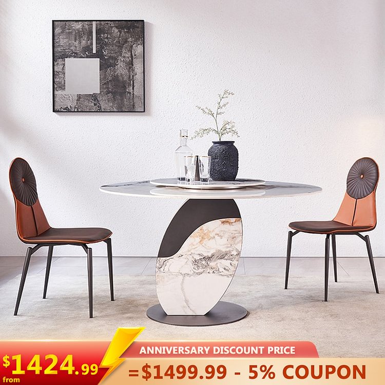 Homemys Modern 51" Round Dining Table with Lazy Susan White Sintered Stone Tabletop 