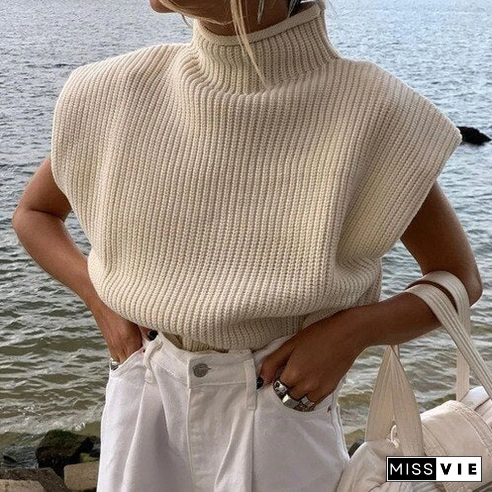 Women Knitted Sweaters Sleeveless Harajuku Solid Casual Turtleneck Pullover Knitting Vest Spring Jumper Tank Top Sweater Female