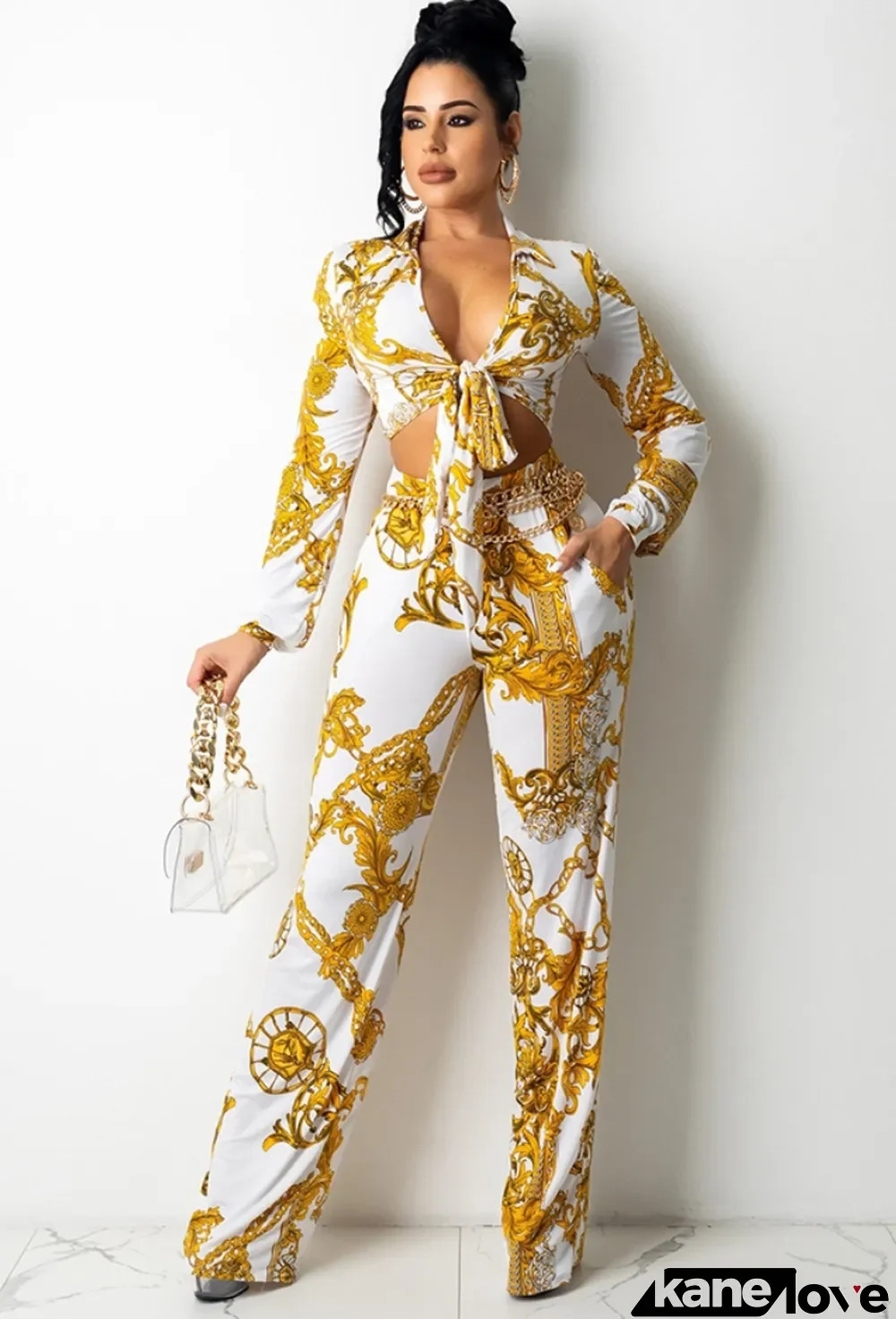 Fall Sexy Chain Floral White Crop Knotted Long Sleeve Blouse and Pants Set