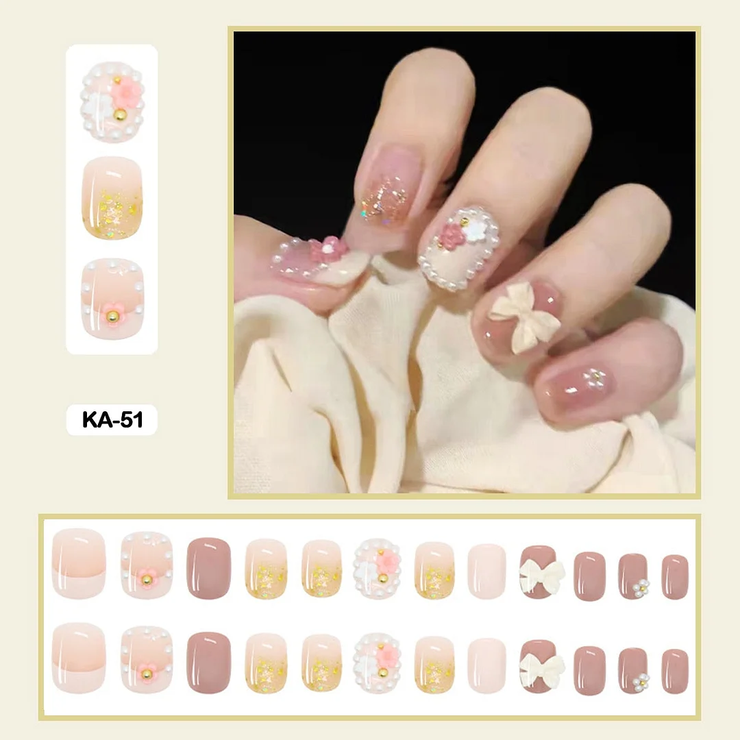 24pcs/box Lovely Cute Flower Fairy Style Fake Nails  Full Cover Nails Long Nail With Glue  Presson Nails Packaging Wearable Nail-Nail Inspo