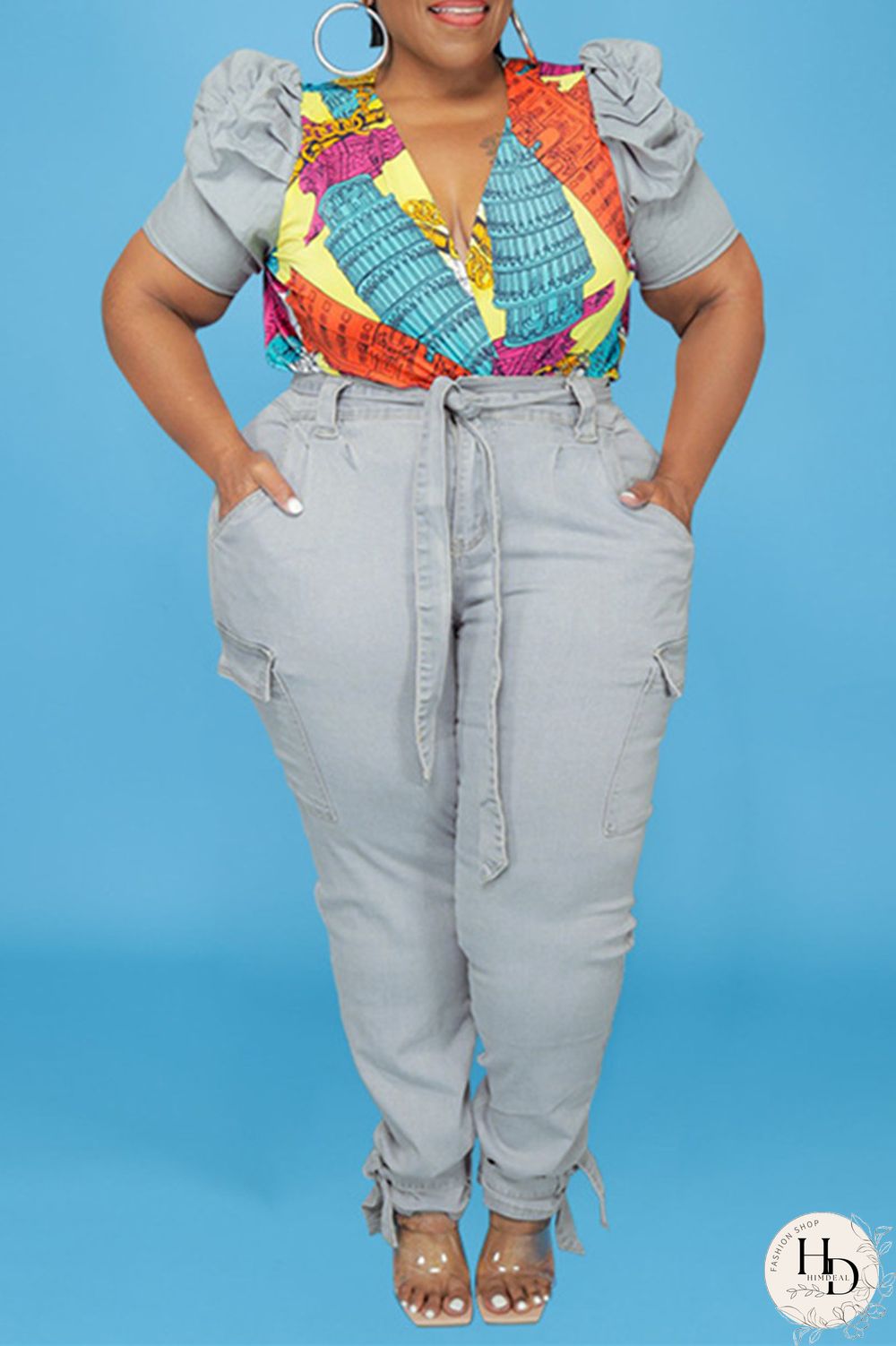 Baby Blue Fashion Casual Print Split Joint V Neck Plus Size Two Pieces