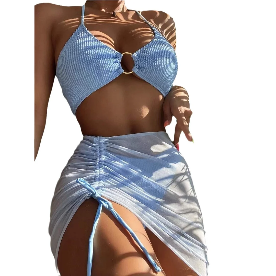 Wongn Wongn Split Swimsuit Female Solid Color Sexy Swimsuit Three-Piece Hanging Neck Three-Point Bikini