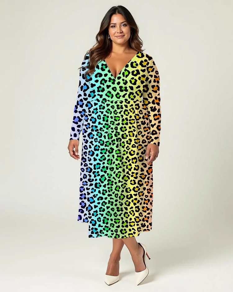 Plus Size Elegant Colorful Leopard Print Wrap Midi Dress