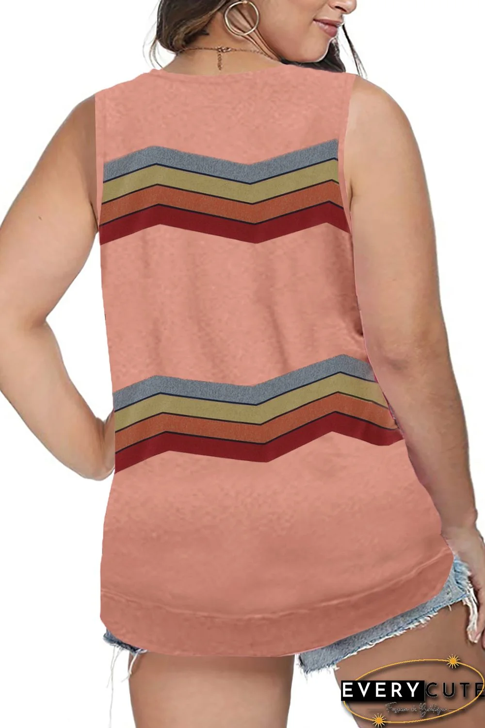Pink Striped Colorblock V Neck Plus Size Tank