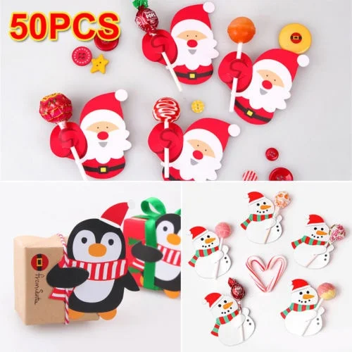 50X Candy Lollipop Christmas Paper Card Decoration Cake Santa Claus Snowman Penguin Shape Decor