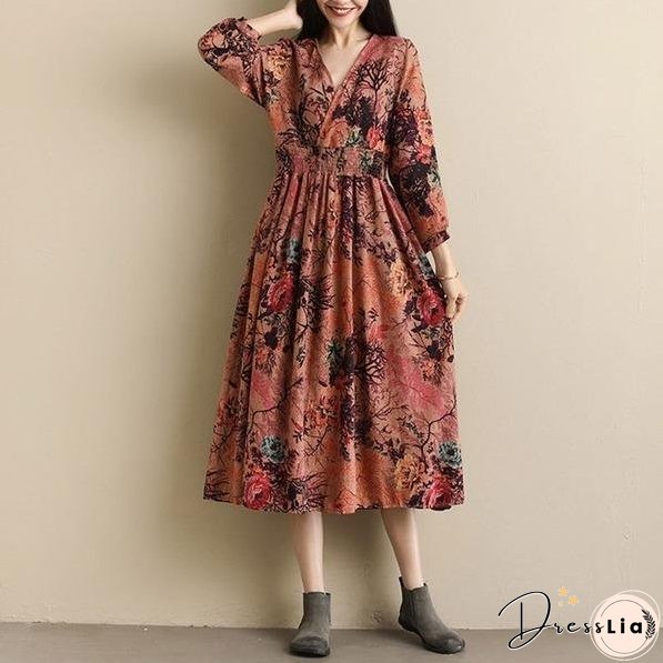 Vintage Style V-neck Print Elastic Waist Elegant A-line Ladies Casual Dress