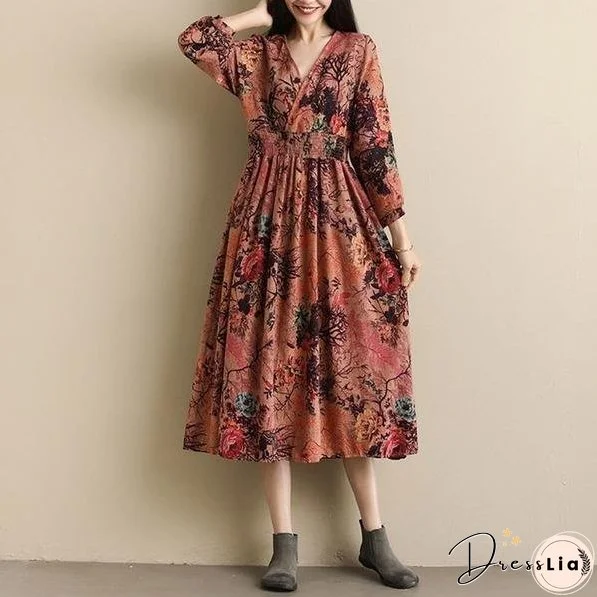 Vintage Style V-neck Print Elastic Waist Elegant A-line Ladies Casual Dress