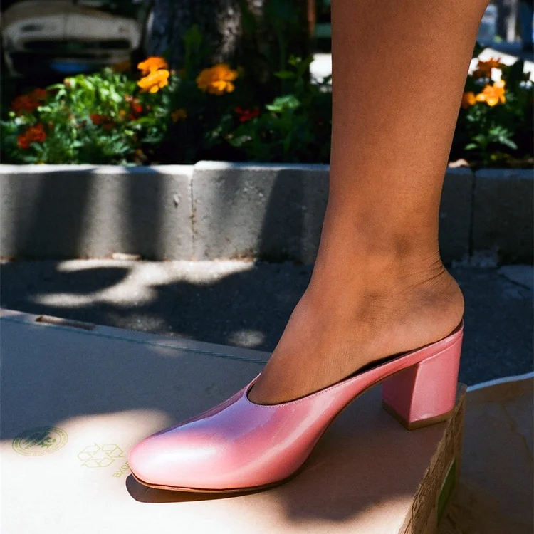 Pink Patent Leather Block Heels Round Toe Mules for Women |FSJ Shoes