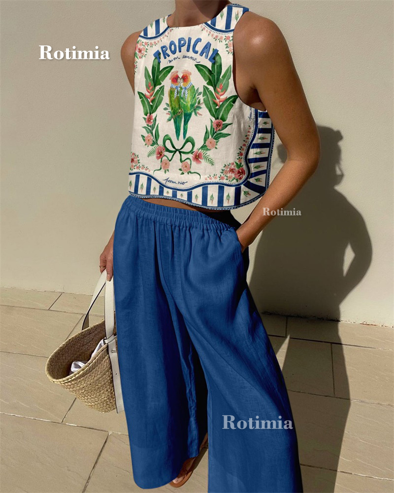 Vintage Printed Top & Pants Two-Piece Set