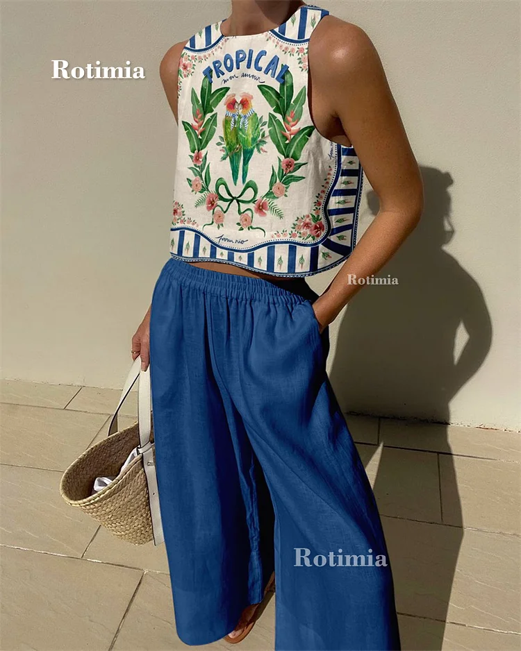 Vintage Printed Top & Pants Two-Piece Set