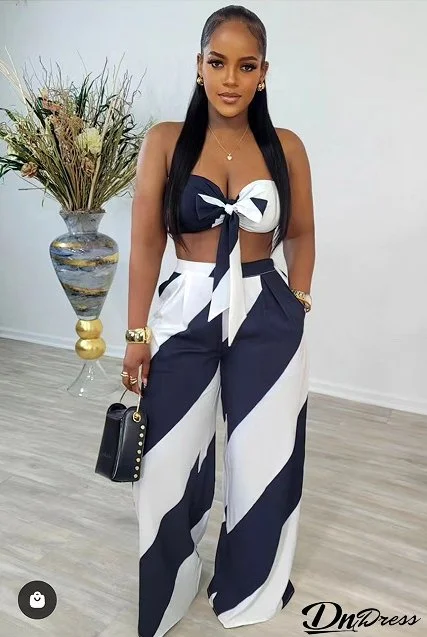 Women's Sexy Fashion Printed Strapless Two Piece Loose Wide Leg Pants Set