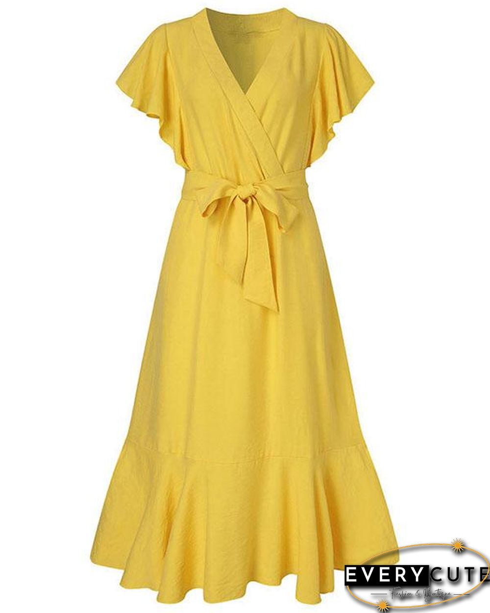 Retro Solid Color V-neck High-waist Lace-up Ruffle Dress