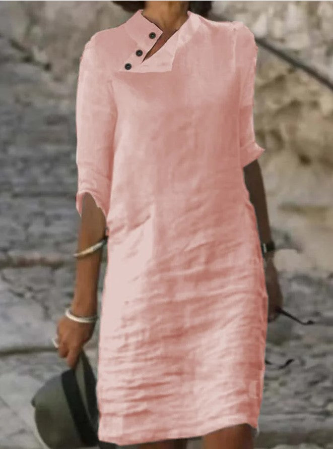 Cotton & Linen Women Plain Button Detail Casual Dress