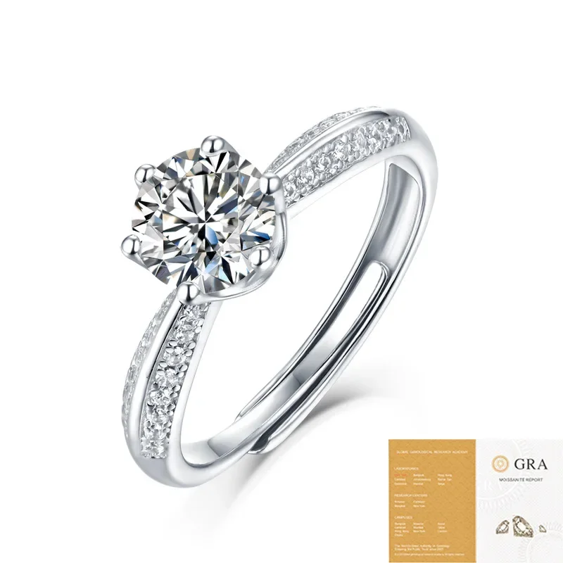  1CT s925 Silver D Color VVS1 Moissanite Adjustable Rings for Women Luxury Engagement Wedding Bands with Certificate