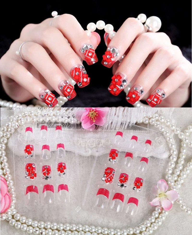 24Pcs/Set Fake Nails Press on Girls Finger Beauty False Nail Art Tips Bright Shining 3D Diamond Full Cover French Nail Art Tips-Nail Inspo