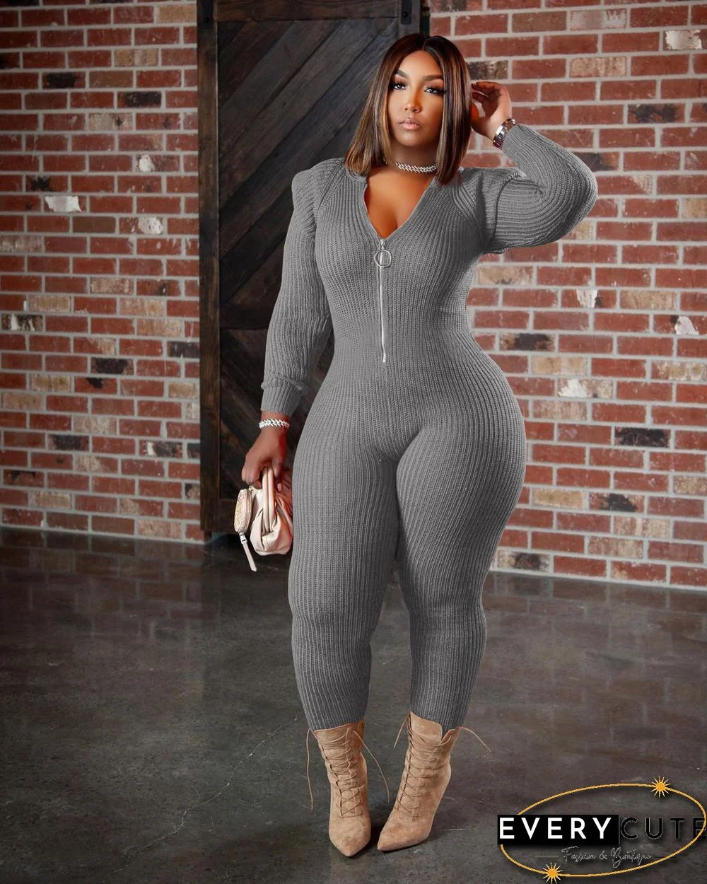 Knitted Long Sleeve Shoulder Padded Hooded Jumpsuit