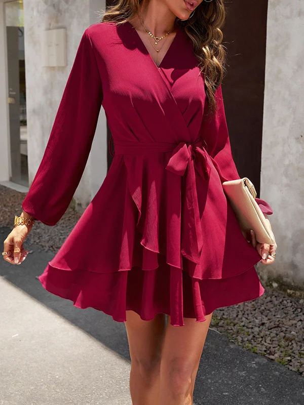 A-Line High Waisted Ruffled Solid Color Tied Waist V-Neck Mini Dresses
