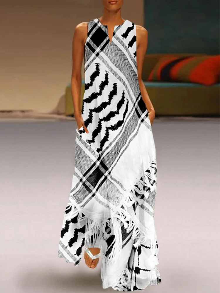 Free Palestine Keffiyeh Inspired Flowy Maxi Dress