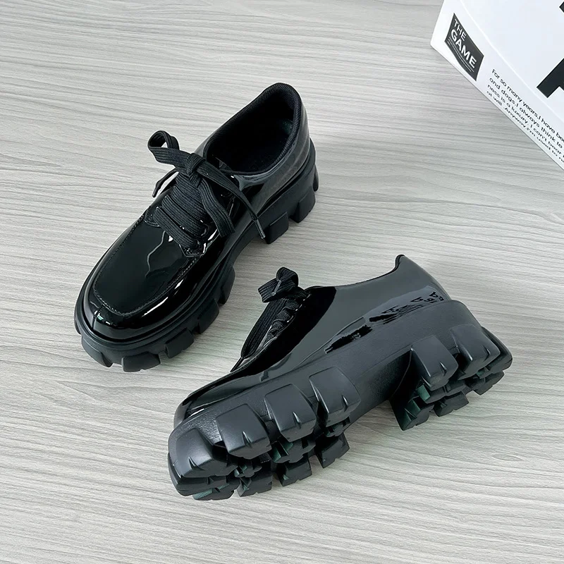 Tanguoant Tanguoant Loafers Female Spring And Autumn 2024 New British Style Black Small Leather Shoes Women's Cake Lace-Up Single Shoes