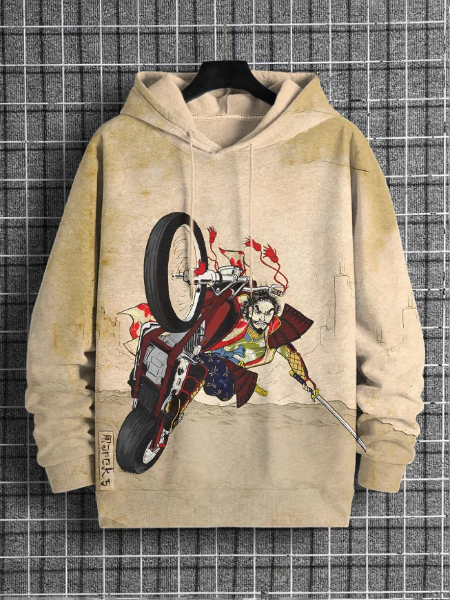 Men's Japanese Samurai Riding A Motorcycle Art Print Hooded Sweatshirt