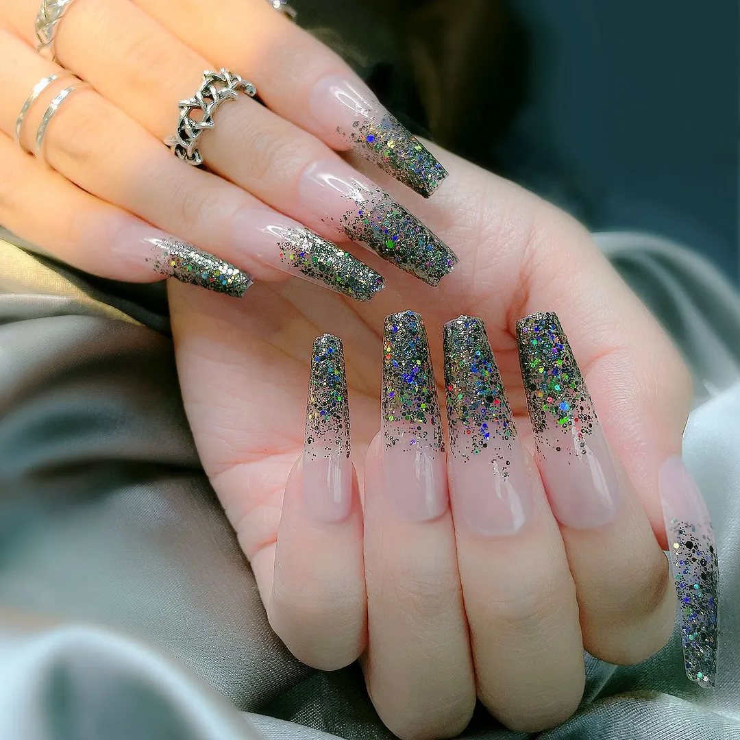 24pcs Long Coffin False Nails Wearable Ballerina Fake Nails Orange gradient gold foil nails Full Cover Nail Tips Press On Nails-Nail Inspo