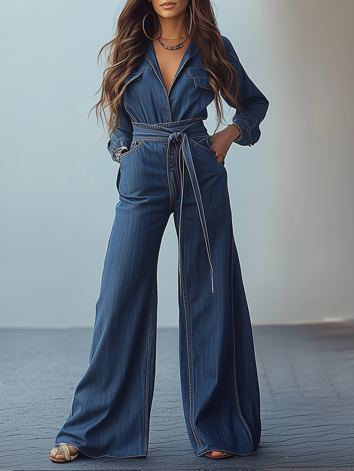 Ursime Denim Long Sleeve Pocket Lace-Up Wide Leg Jumpsuit