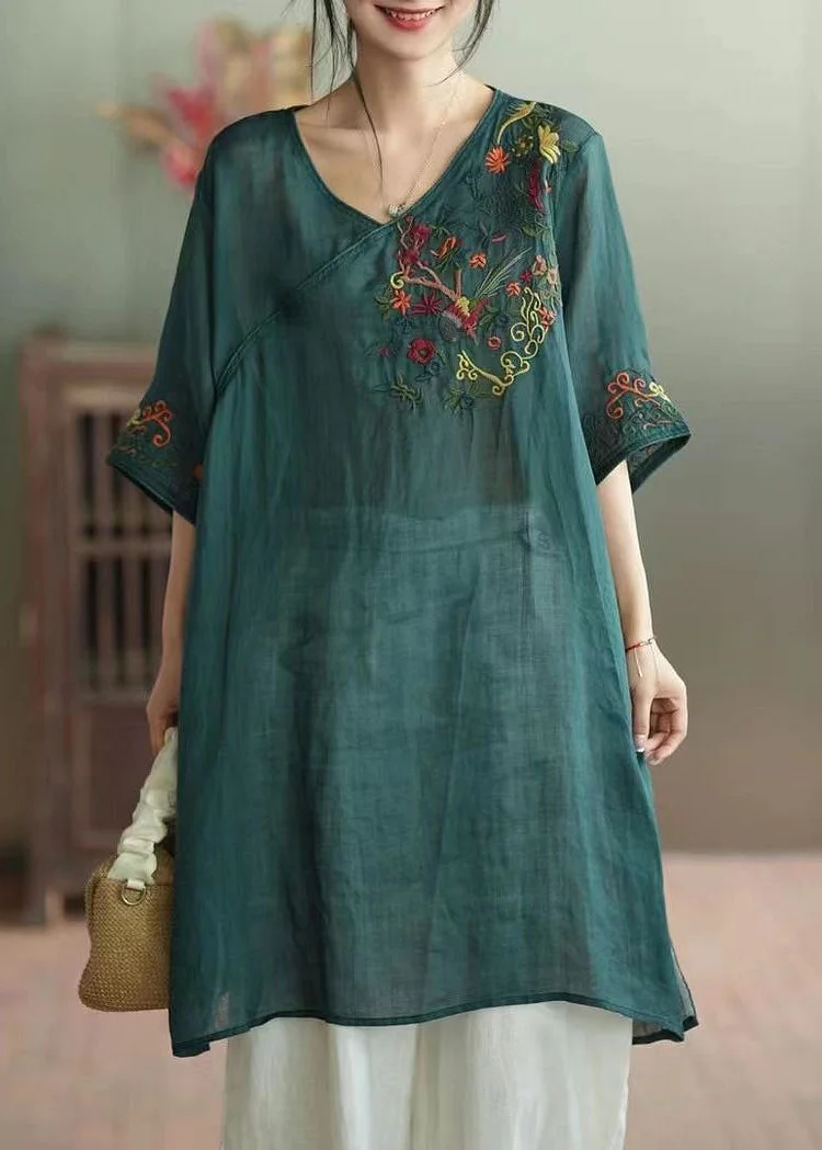 Green Patchwork Linen Mid Dress V Neck Embroideried Summer