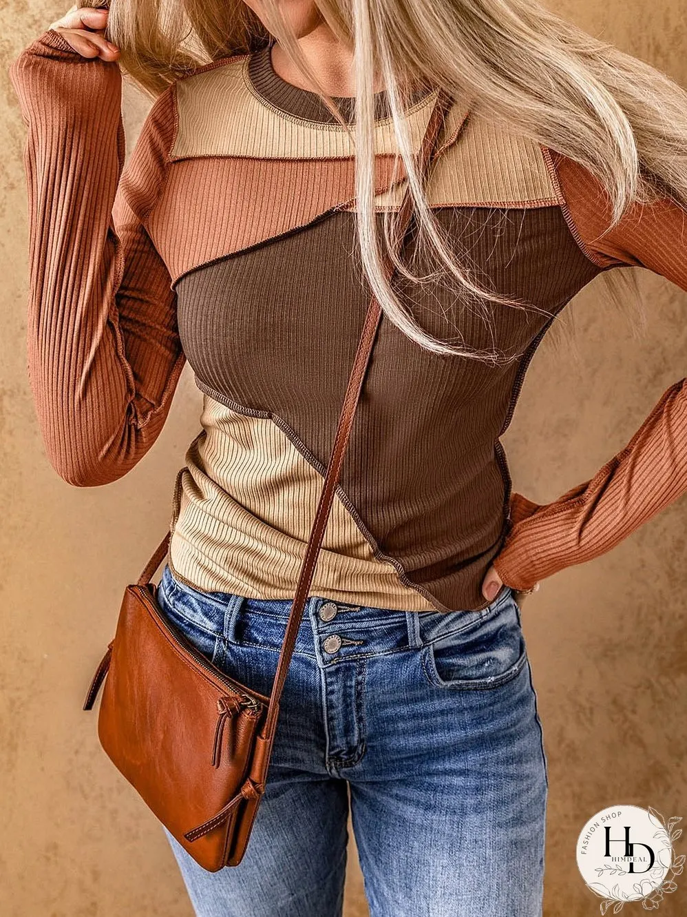 Knit Top with Exposed Seam Detail in Brown Color Block
