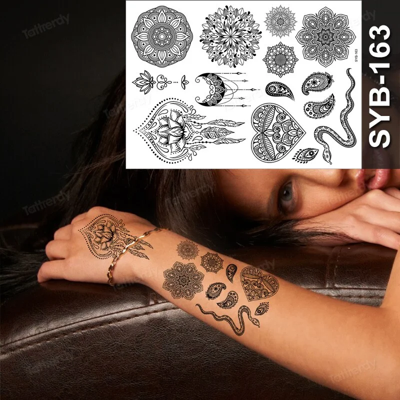 Sdrawing Temporary Tattoo Sticker Henna Mehndi Totem Flash Tatto Butterfly Flower Hand Fingers Body Art Arm Fake Tatoo Women