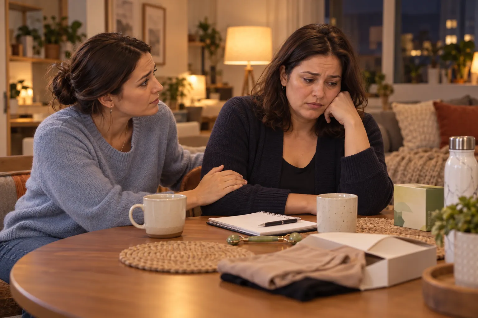 Close friend encouraging a woman after a difficult workday