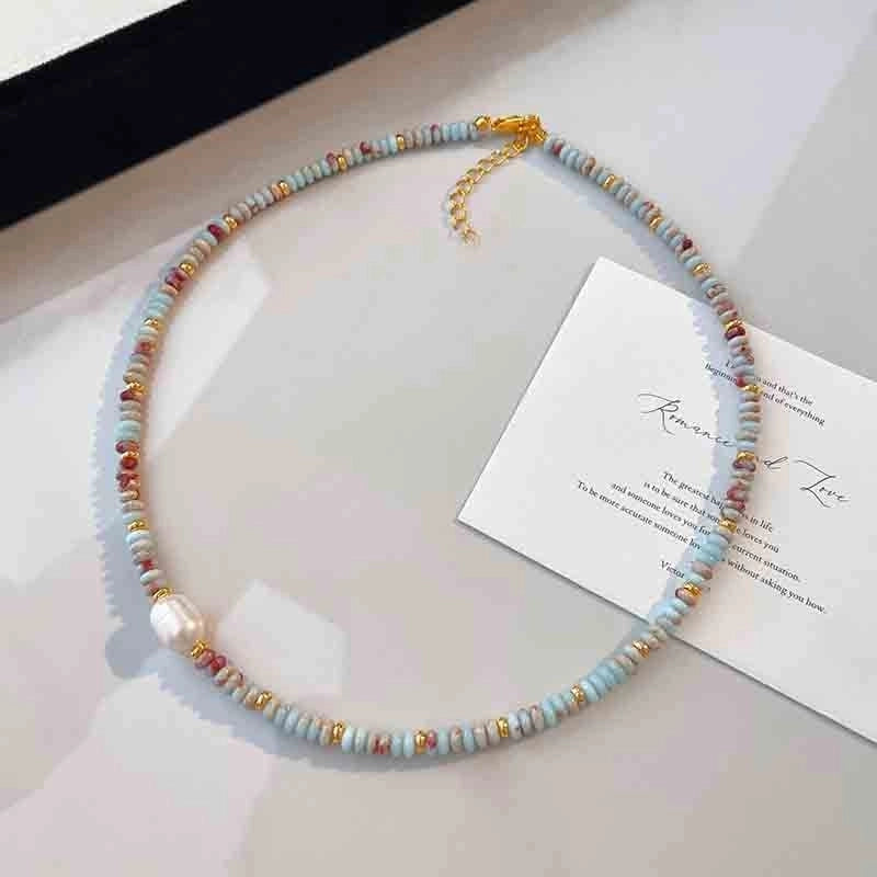 Natural Stone Freshwater Pearl Minimalist Beaded Geometric Necklace