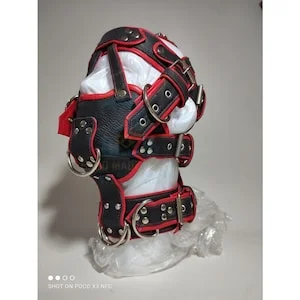 pornhint Pornhint Leather BDSM Gear Face hood fetish Slave extreme Bondage Muzzle with D rings/ Leather Bondage Muzzle Face Restraints heavy duty belted