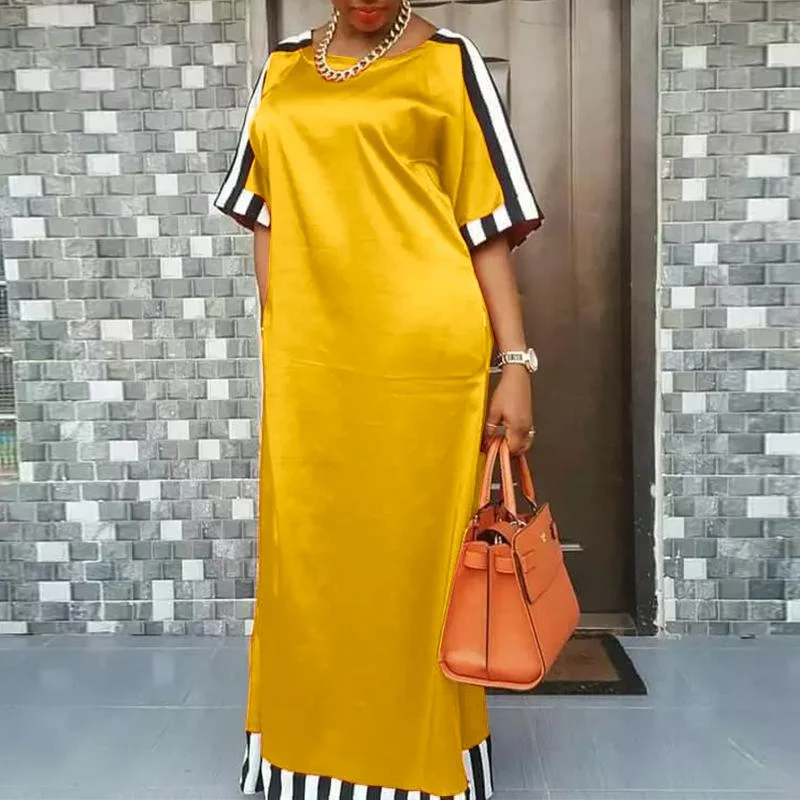 Bohemian Maxi Long Dress VONDA 2022 Women Round Neck Striped Long Maxi Dress Beach Baggy Half Sleeve Vestido Robes Longue