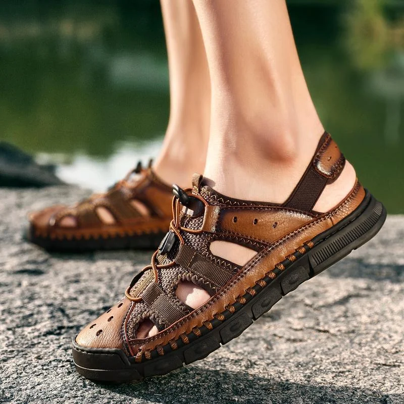 Comfortable Men's Genuine Leather Soft Sandals Big Size Retro Sewing Beach Shoes | EGEMISS