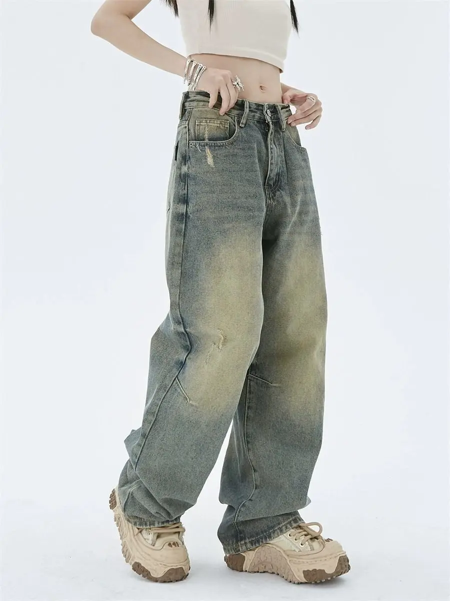 Shitysheets costumes for women hot Spring New Vintage Washing Yellow Mud Stained Jeans American Style High Street Vibe Hip Hop Straight-leg Pants Men Women